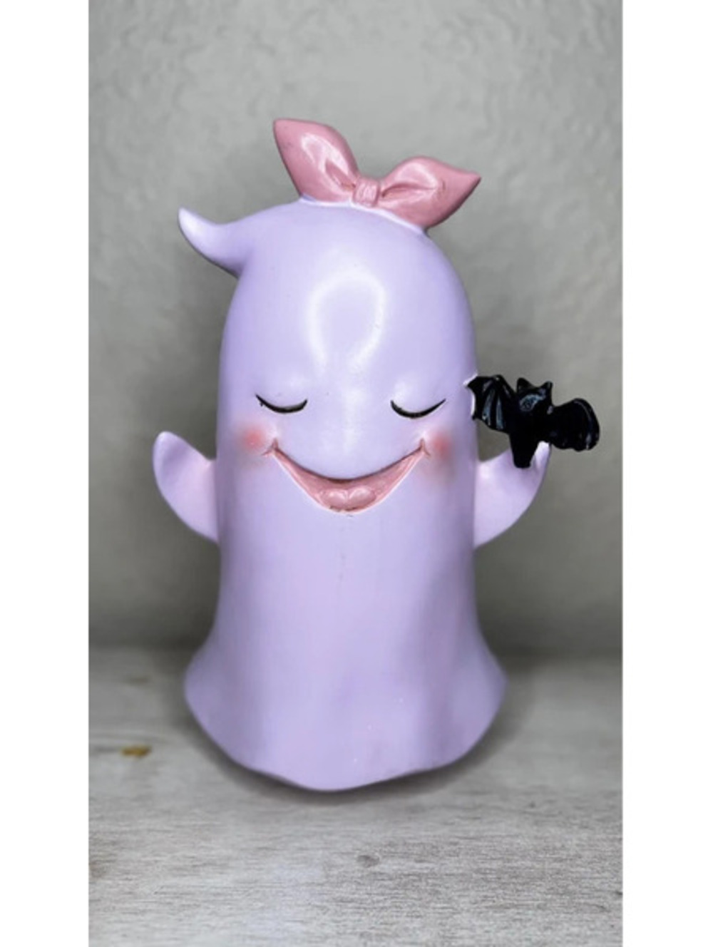 Pastel Halloween Ghost Figurine - Pink Ghost with Pink Bow Holding Bat